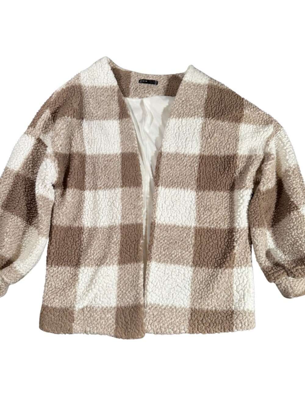 SHEIN Buffalo Plaid Sherpa Teddy Coat Women's XS Tan White Open Front